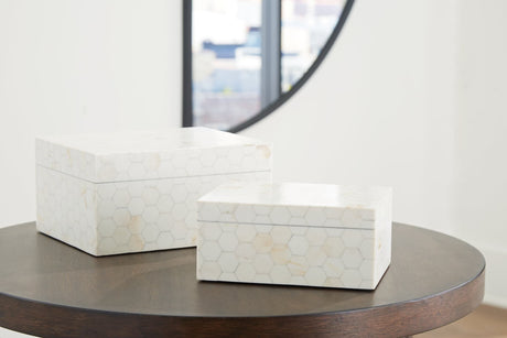 Aldenburg Cream Decorative Box set showing stacked boxes with hexagonal mosaic pattern
