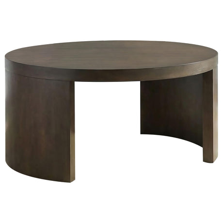Sweeney 39-inch round dark walnut wood coffee table front angle