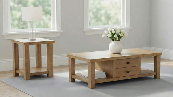Beasley 2-piece wood coffee table set in golden oak finish, angled view