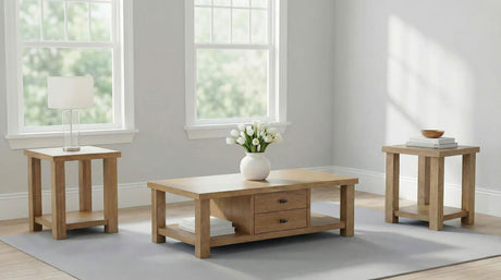 Beasley 3-Piece Wood Coffee Table Set in golden oak, front view