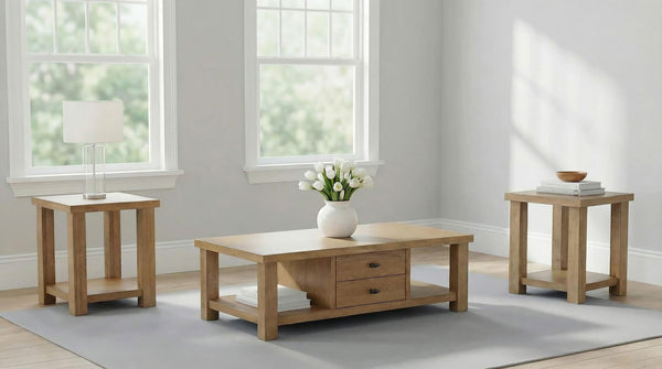 Beasley 3-Piece Wood Coffee Table Set in golden oak, front view