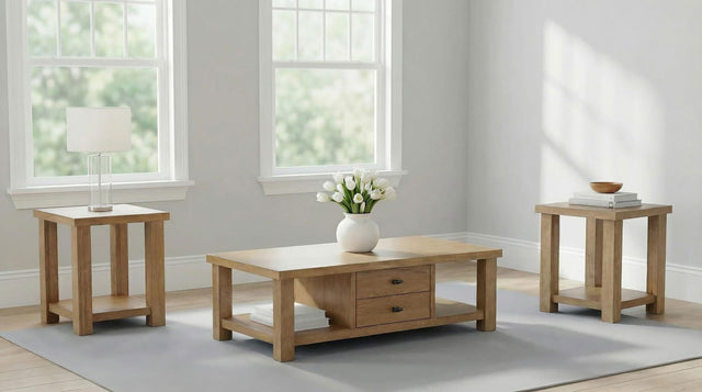 Beasley 3-Piece Wood Coffee Table Set in golden oak, front view