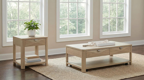 Marcelo coffee table with drawer and open shelf, light elm finish, front view