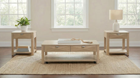 Marcelo 3-piece coffee and end table set in light elm angled view