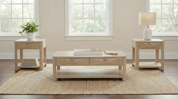 Marcelo 3-piece coffee and end table set in light elm angled view