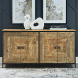 Camney brown and black patterned accent cabinet front view