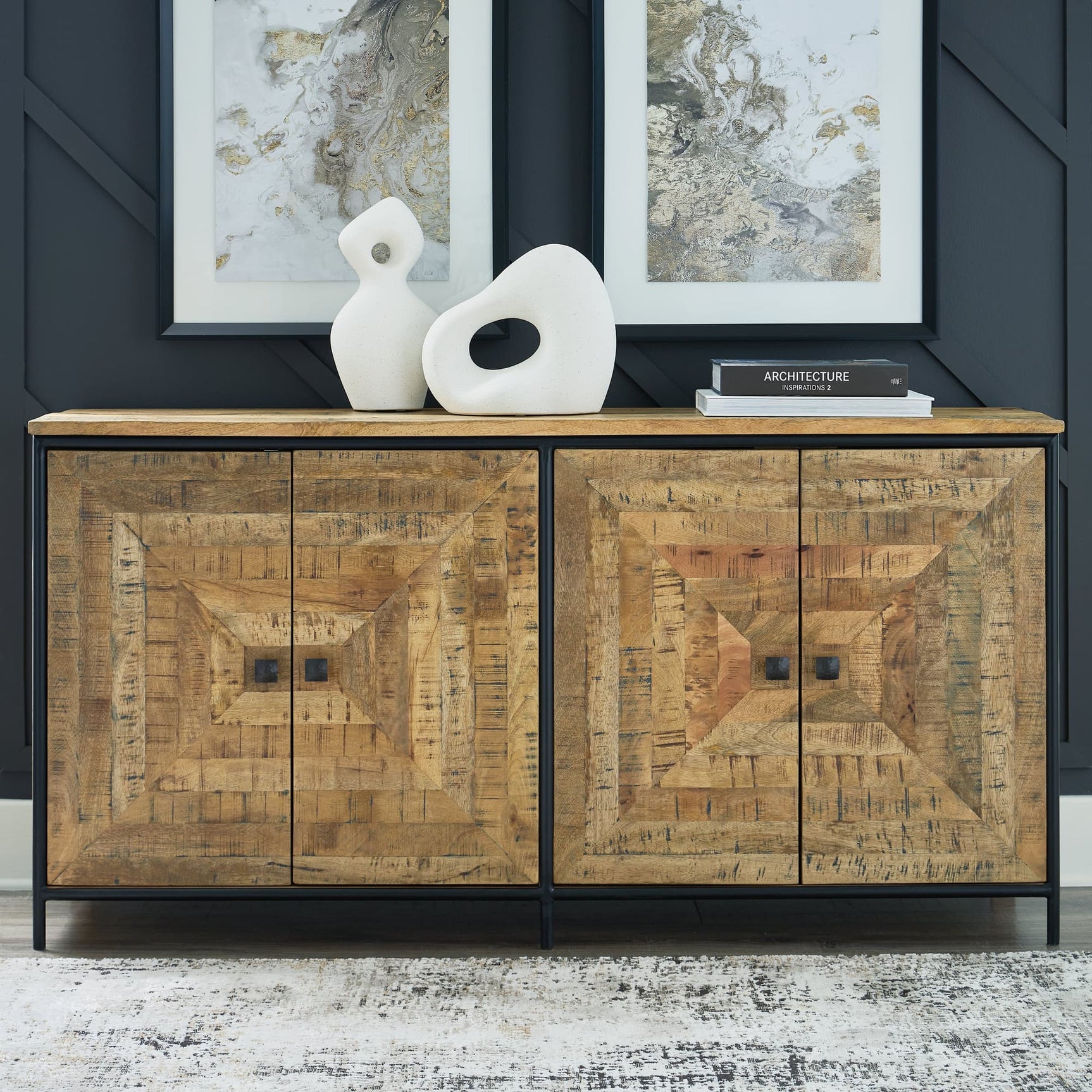 Camney brown and black patterned accent cabinet front view