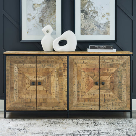 Camney brown and black patterned accent cabinet front view