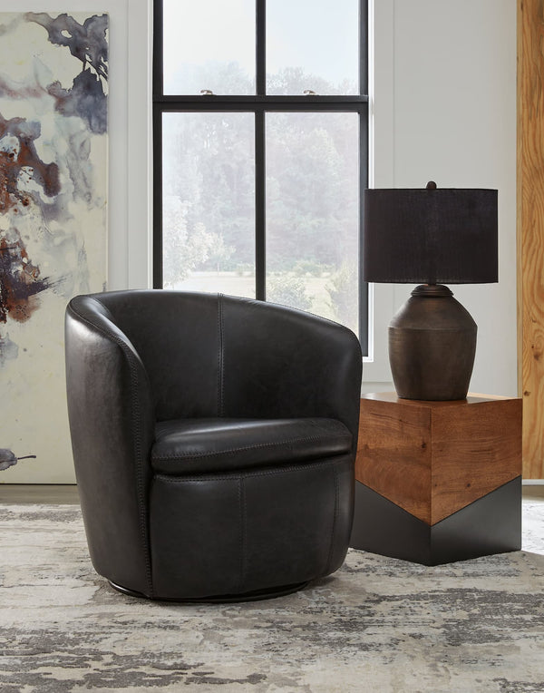 Kierreys Midnight Leather Swivel Accent Chair front angle