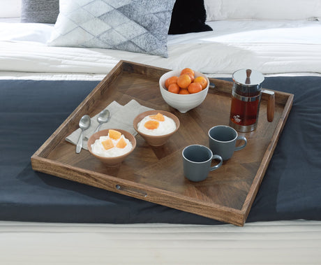Heddford Brown Tray top view showing geometric wood pattern and honey brown finish