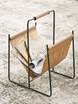 Faronworth brown leather magazine rack with black metal frame angled view