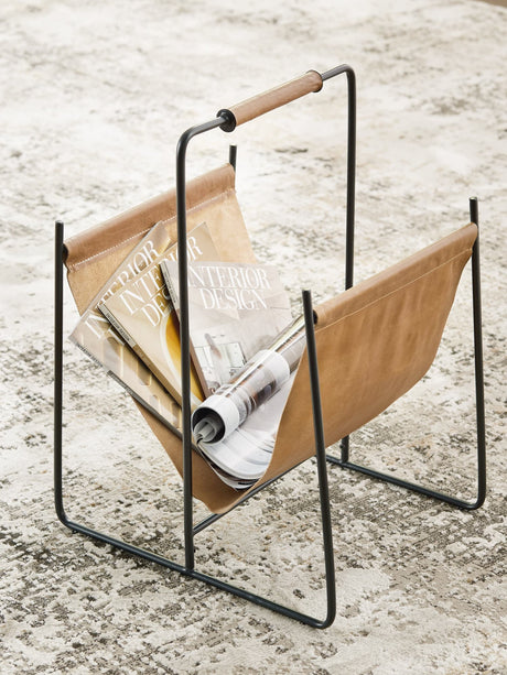 Faronworth brown leather magazine rack with black metal frame angled view