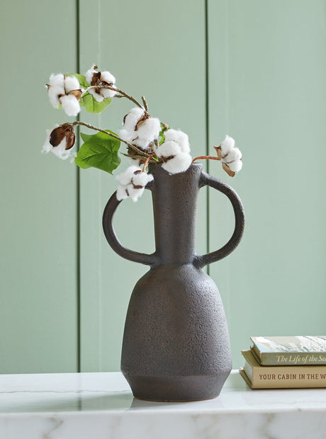 Aadeen distressed brown terra cotta vase front angle showing large handles