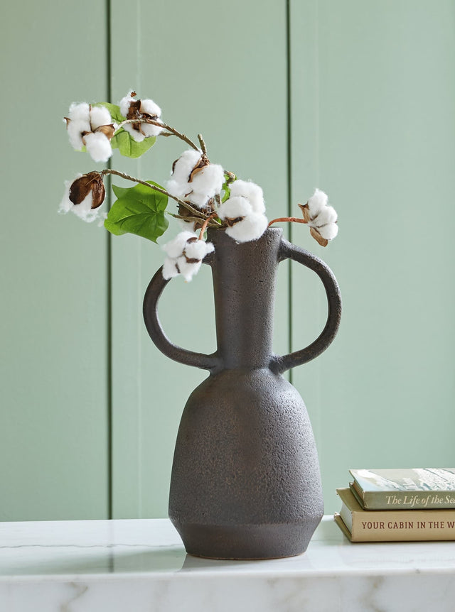 Aadeen distressed brown terra cotta vase front angle showing large handles