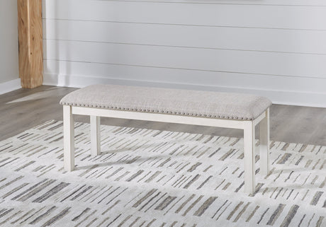 Robbinsdale Antique White 48" Upholstered Dining Bench front angle