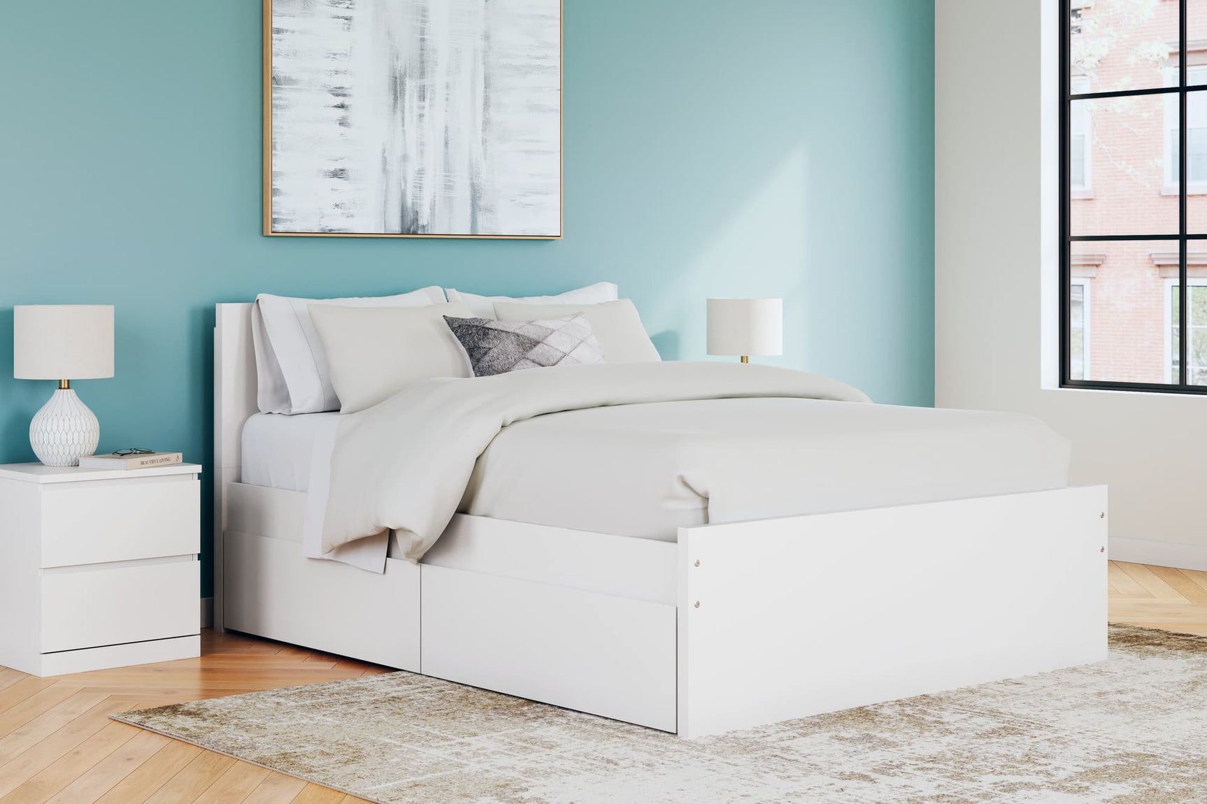Onita White Queen Panel Platform Bed with 2 Side Storage Drawers front angle