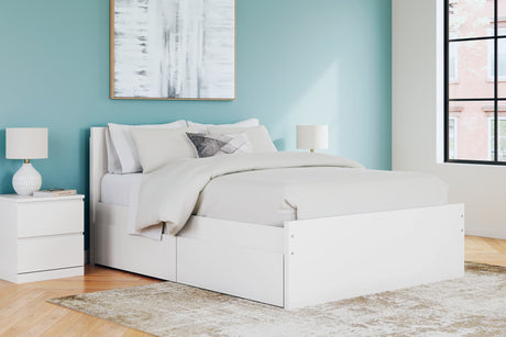 Onita White Queen Panel Platform Bed with 2 Side Storage Drawers front angle