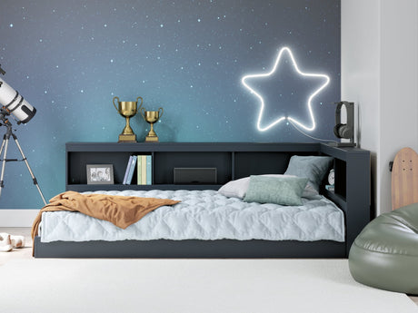 Simmenfort navy blue full bookcase storage bed front view