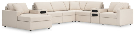 Front view of Modmax Oyster performance fabric sectional with audio system and chaise
