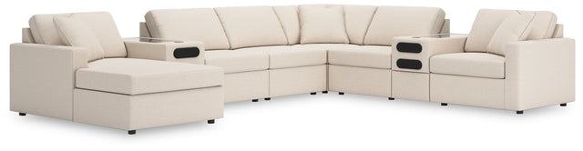 Front view of Modmax Oyster performance fabric sectional with audio system and chaise