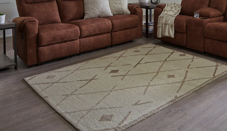 Guyford Beige and Brown 5x7 wool rug flat lay showing geometric pattern