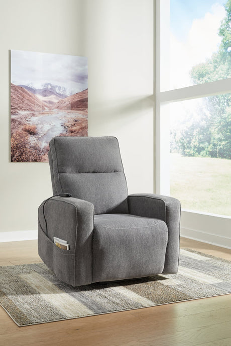 Starganza Gray Power Lift Recliner in gray fabric, main front angle