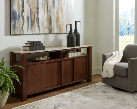Tobinville dark brown accent cabinet with marble top front view