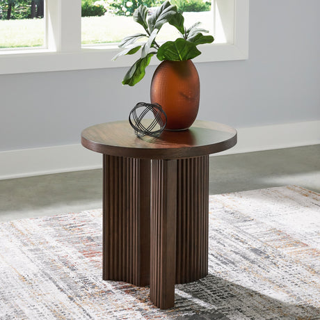 Korestone dark brown round end table front view