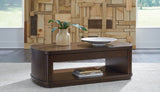 Korestone lift-top coffee table in dark brown, front view with lift top closed