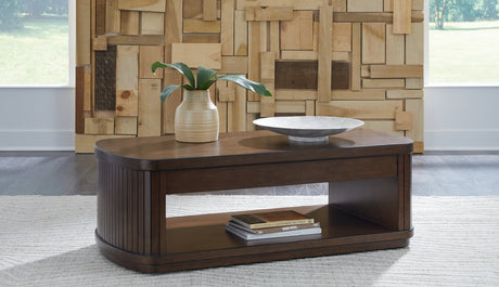 Korestone lift-top coffee table in dark brown, front view with lift top closed