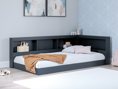 Simmenfort Navy Blue Twin Bookcase Storage Bed front view with built-in bookcases
