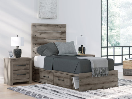Graystorm twin panel storage bed weathered brown gray front angle