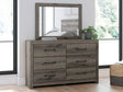 Graystorm Brown Gray dresser and mirror frontal view showing dresser and attached mirror