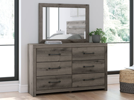 Graystorm Brown Gray dresser and mirror frontal view showing dresser and attached mirror
