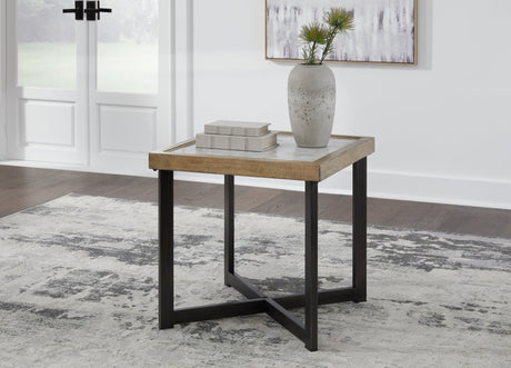 Montia Multi End Table front view showing sintered stone tile top and black metal frame