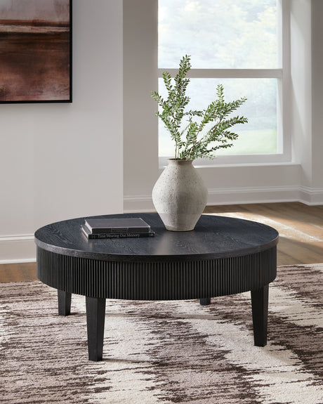 Marstream Black Coffee Table, front view, round shape with drawers