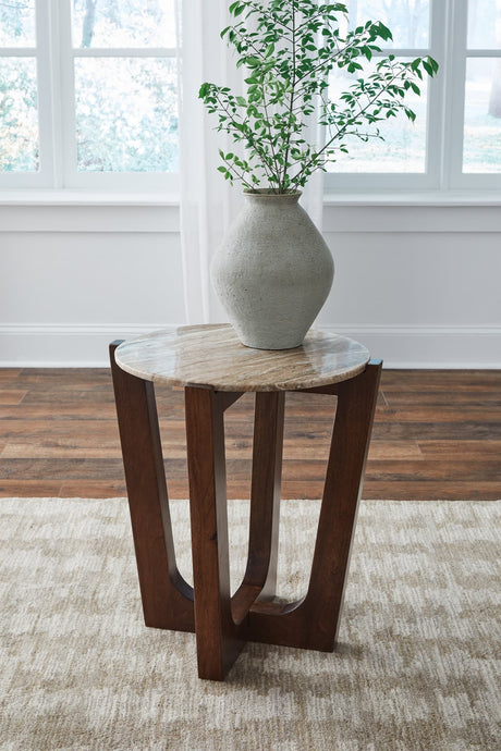 Tanidore Warm Brown End Table front angle view with marble top