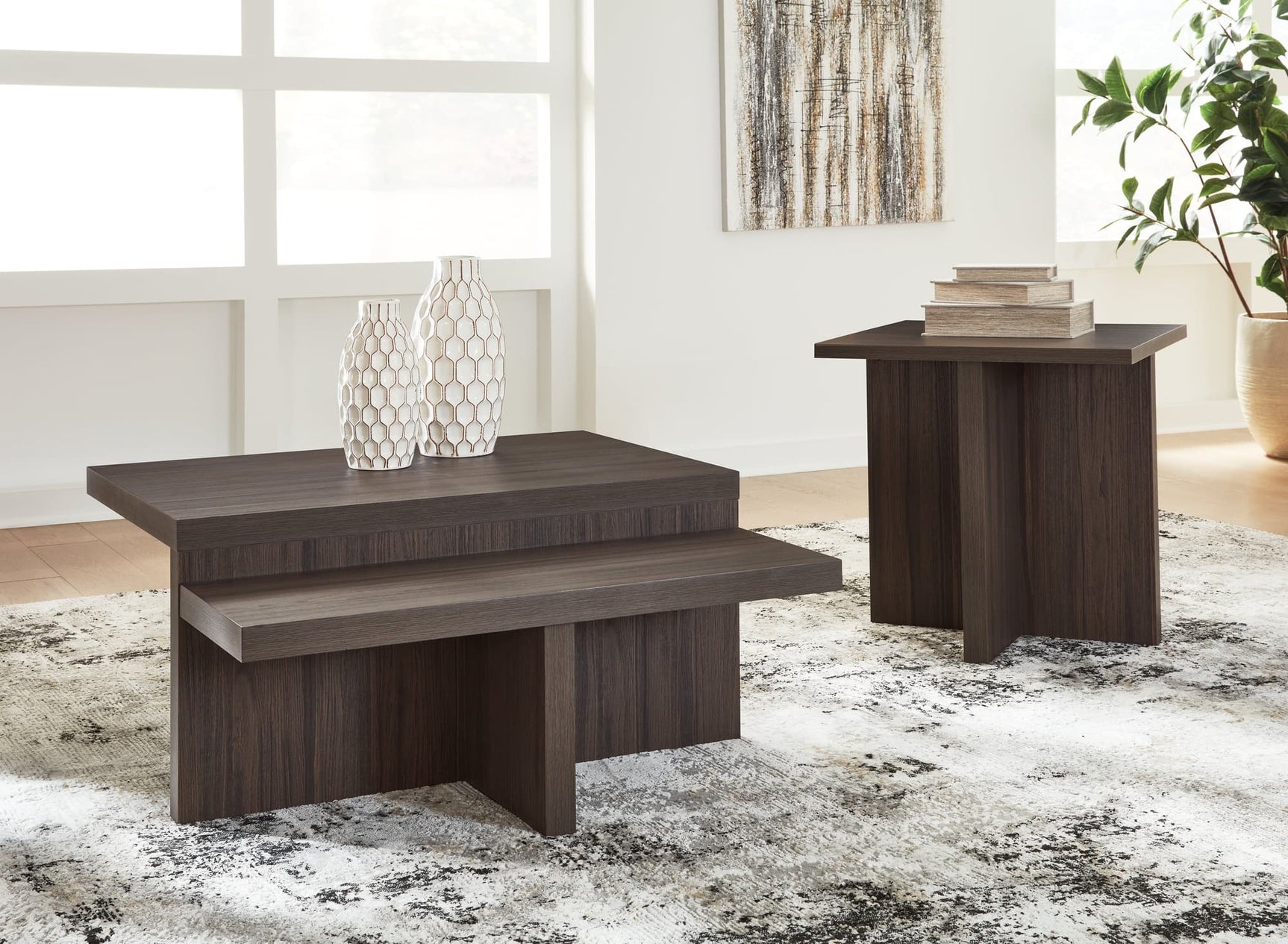 Zendex coffee table front view showing dark brown wood grain finish
