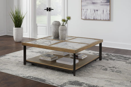 Montia Multi Coffee Table front angle showing sintered stone top and casters