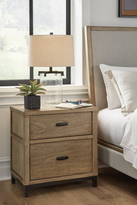 Tomtyn Light Brown Nightstand front view showing drawers and metal legs