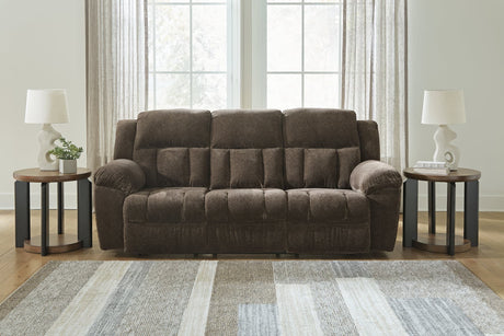 Frohn Chocolate Chenille Reclining Sofa front angle