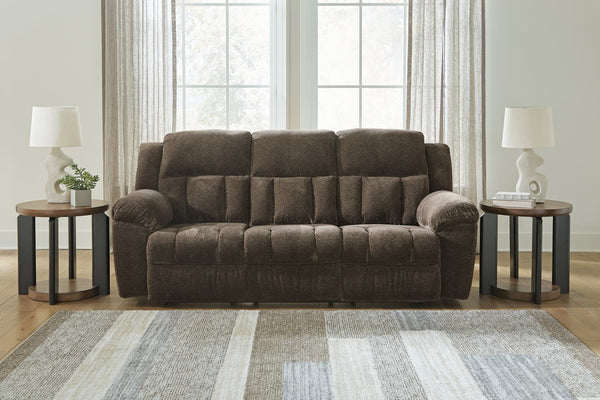 Frohn Chocolate Chenille Reclining Sofa front angle