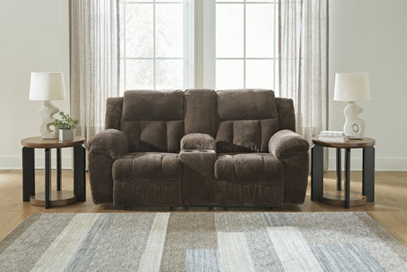 Frohn Chocolate Chenille Reclining Loveseat with Console front view