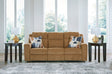 Kanlow Honey Chenille Reclining Sofa front angle showing recliner closed