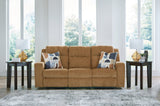 Kanlow Honey Chenille Reclining Sofa front angle showing recliner closed