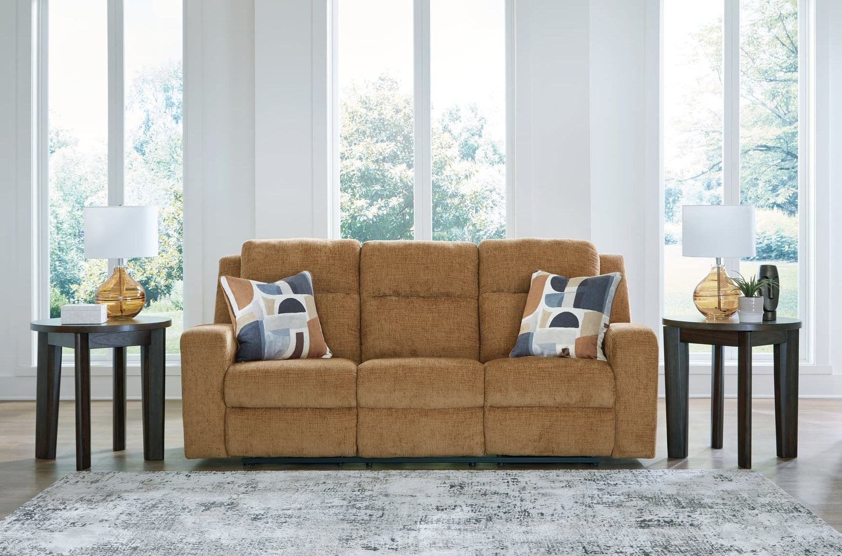 Kanlow Honey Chenille Reclining Sofa front angle showing recliner closed
