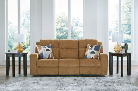 Kanlow Honey Chenille Reclining Sofa front angle showing recliner closed