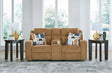 Kanlow Reclining Loveseat in honey chenille fabric, front angle showing console