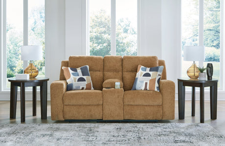 Kanlow Reclining Loveseat in honey chenille fabric, front angle showing console