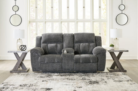 Frohn Graphite Chenille Reclining Loveseat with Console front view